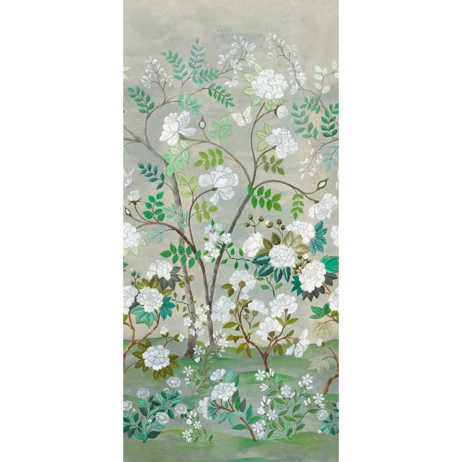 Панно Fleur Orientale Celadon с изящно нарисованным цветущим деревом и листьями с мелкой детализацией шириной 140 см состоит из 2-х частей по 70 см