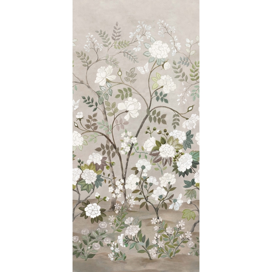 Панно Fleur Orientale Pale Birch с изящно нарисованным цветущим деревом и листьями с мелкой детализацией шириной 140 см состоит из 2-х частей по 70 см